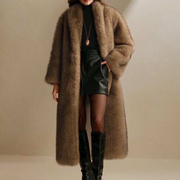 Brown Casual Women's Fluffy Shaggy Faux Fox Fur Collar Long Coat - Picture 8 of 8